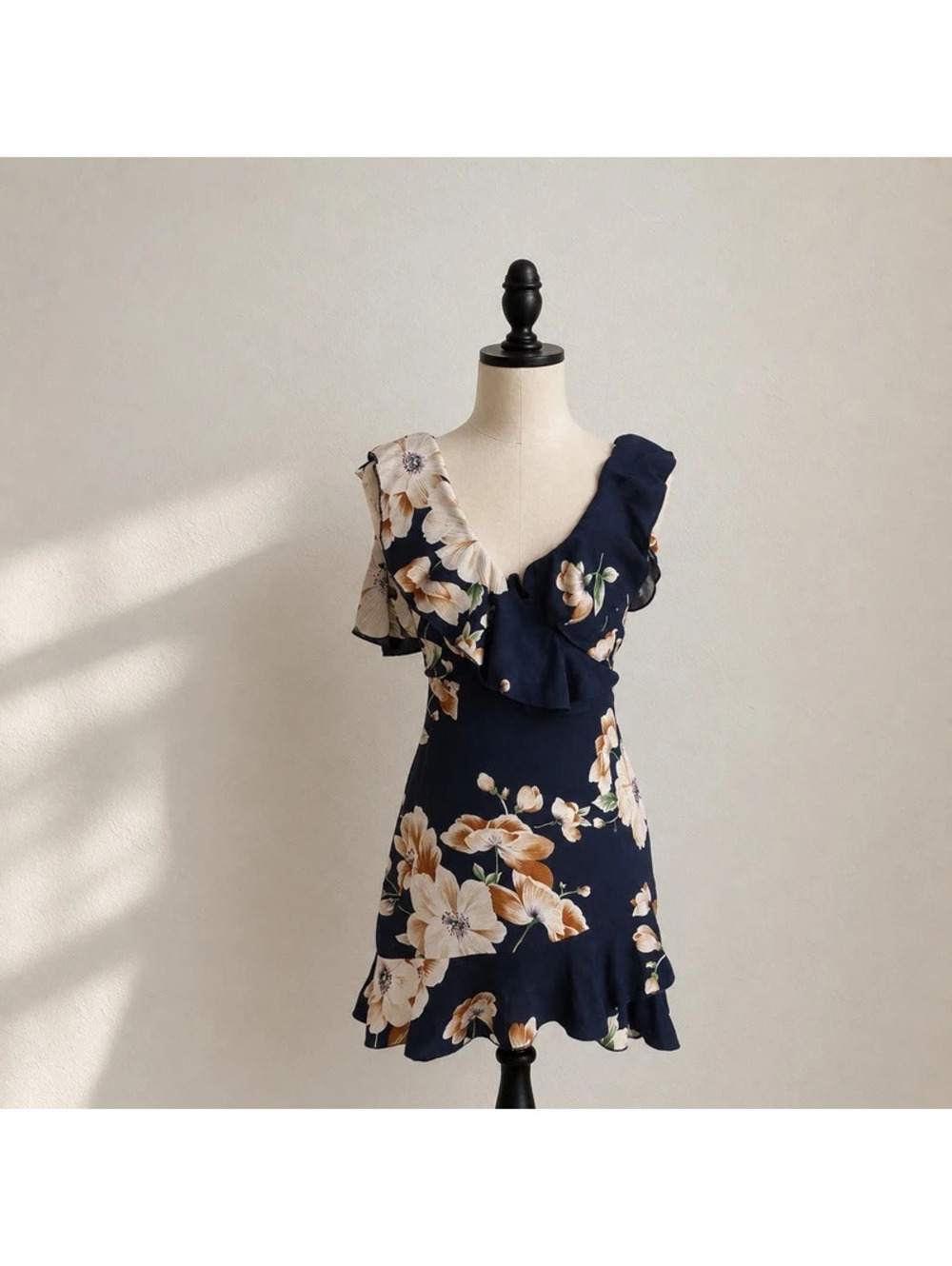 SHEIN Navy Floral Ruffle Mini Dress XS Asymmetrical Cottagecore